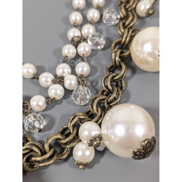 Dark Bronze Tone Faux Pearl Multi Chain Necklace Chunky Statement Bold 17.5" - Picture 3 of 9